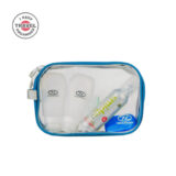 Skaidri kelioninė kosmetinė mėlynais krašteliais