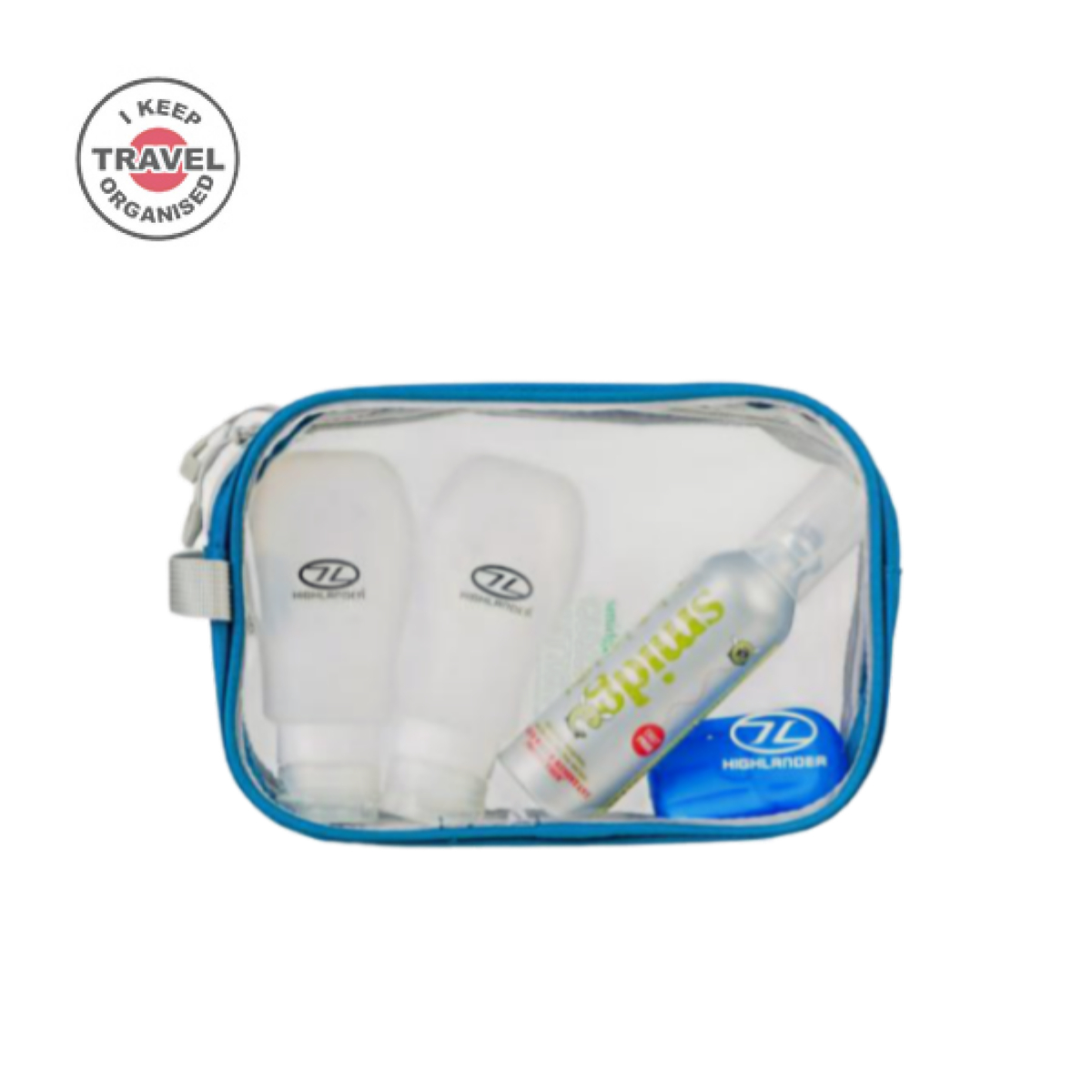 Skaidri kelioninė kosmetinė mėlynais krašteliais